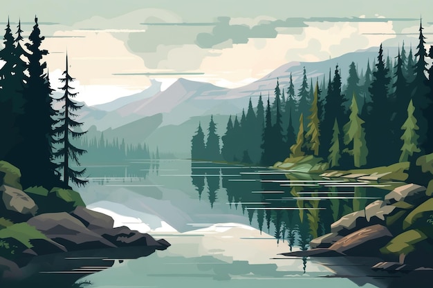 A lake in the middle of a coniferous forest near the mountains cloudy sky e generative ai