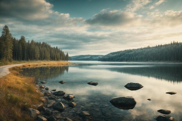 Lake in the middle of the forest on a cloudy day Beautiful landscape