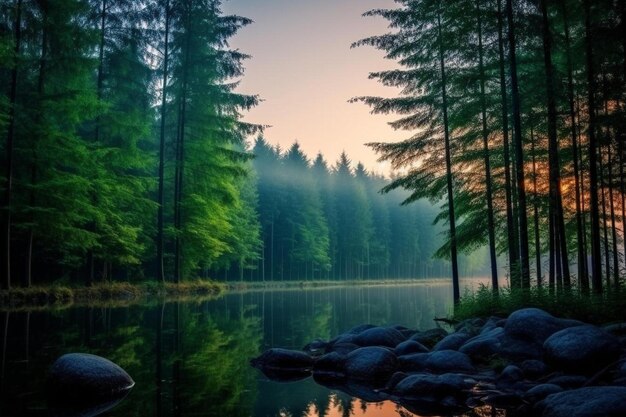 a lake in the middle of a forest at sunset