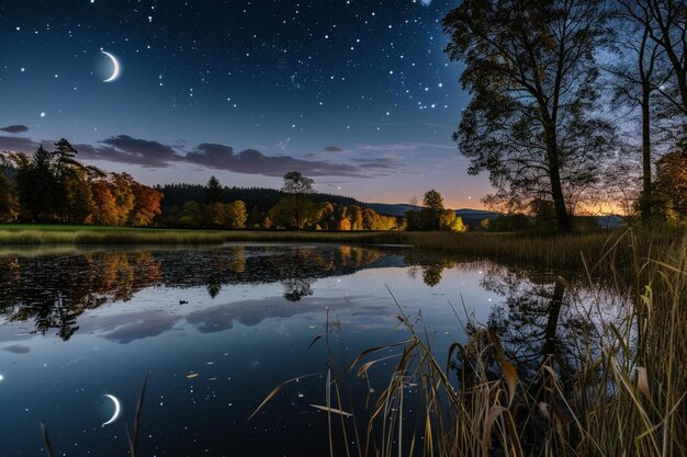 하늘에 반달과 별이 있는 밤 한가운데의 호수