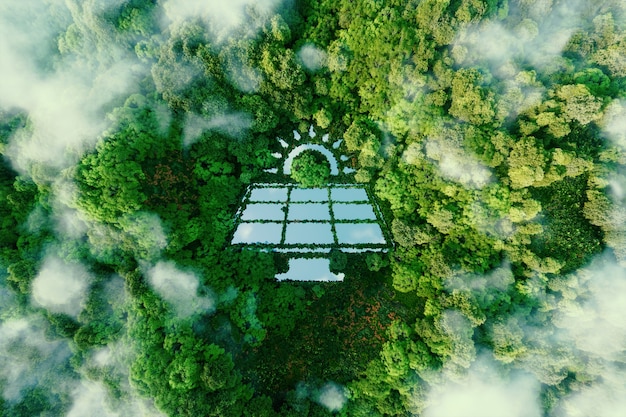 緑の再生可能エネルギーの利点と環境への配慮を象徴する、太陽光発電所の形をした手付かずの熱帯雨林の真ん中にある湖。 3Dレンダリング。