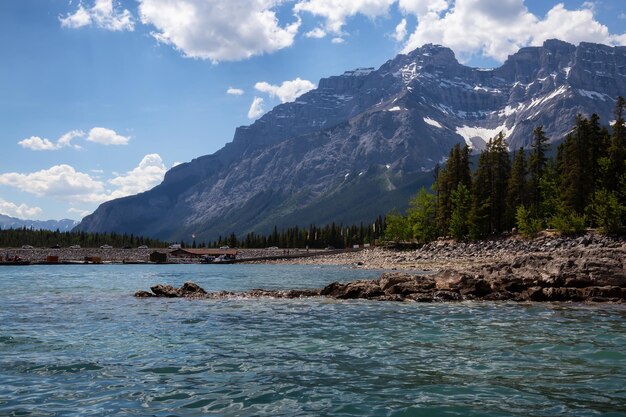 Lake Minnewanka during a vibrant sunny summer day