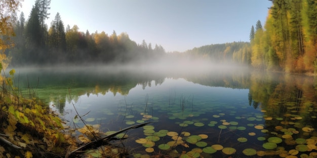 Озеро утром с листьями на воде