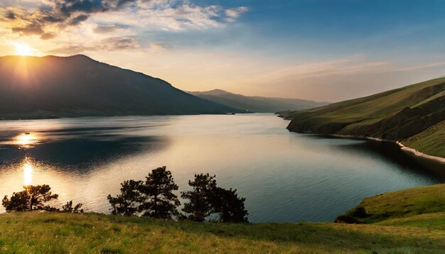 A lake between mountain hills and the sun setting behind the mountain