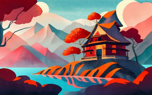 Lake and mountain landscape in chinese and japanese style sunset in the mountains