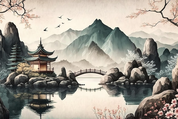 Lake and mountain landscape in Chinese styleBeautiful print for your decor and design Generative ai