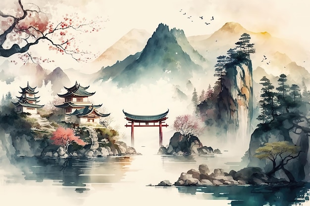 Озеро и горный пейзаж в китайском стилеКрасивый принт для вашего декора и дизайна Generative ai