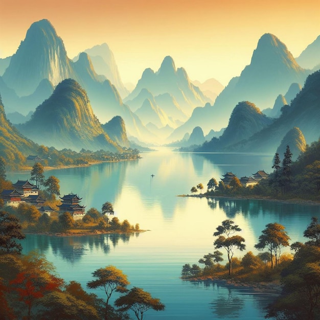 Lake and mountain landscape in chinese stylebeautiful