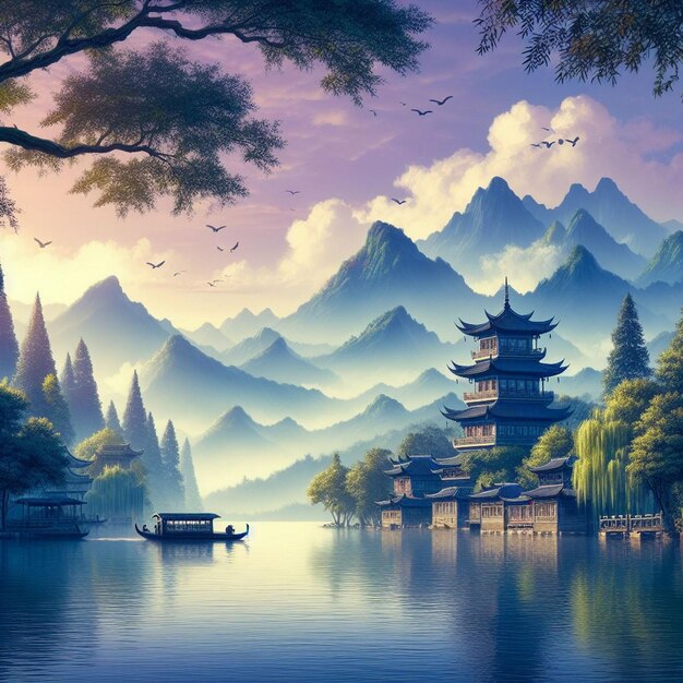 Lake and mountain landscape in chinese stylebeautiful