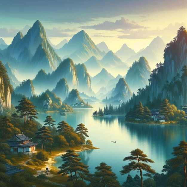 Lake and mountain landscape in chinese stylebeautiful