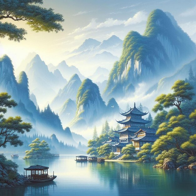 Lake and mountain landscape in chinese stylebeautiful