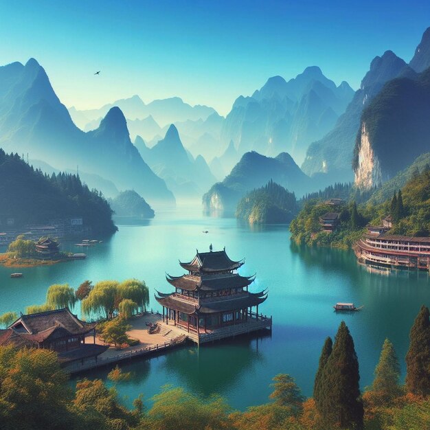 Photo lake and mountain landscape in chinese stylebeautiful