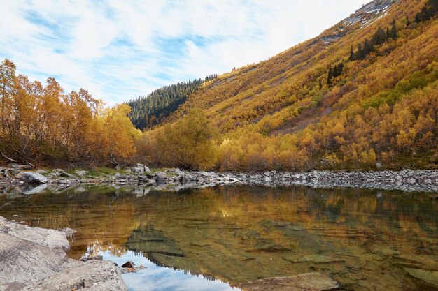 Lake in the mountains, autumn mountain landscape, forest and mountain slopes in autumn colors, water and tranquility