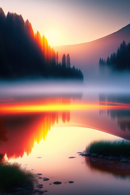 Lake in the mountains Beautiful misty landscape Sunset over lake Digital art