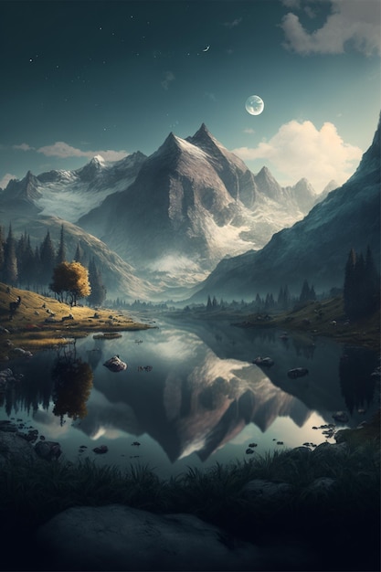 Подробное изображение панорамы озера и гор с технологией генеративного искусственного интеллекта
