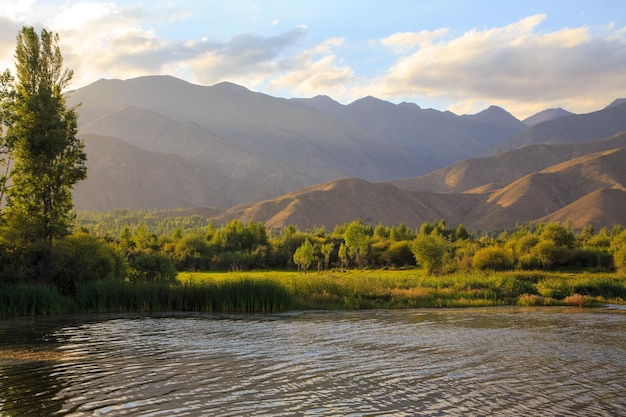 Lake in the mountains Quiet bay in the greenery at sunset Place for rest Kyrgyzstan Lake IssykKul