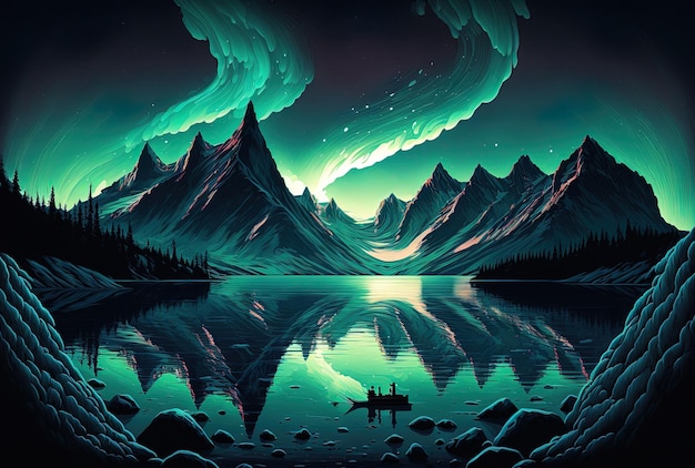 Lake and mountains in stunning perspective with an aurora in the entrancing sky