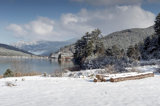 Lake in the mountains in winter on a sunny day Greece