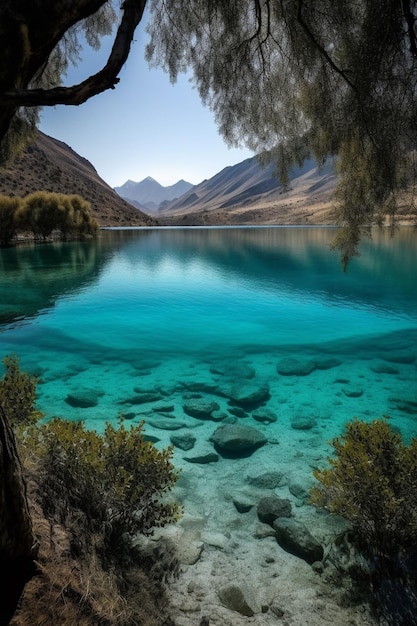 A lake in the mountains with a blue lake in the foreground