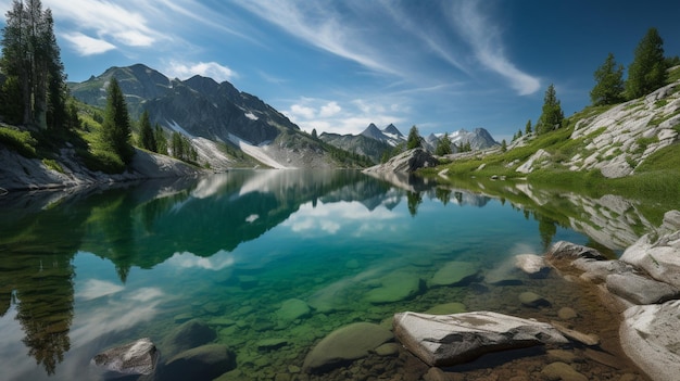 A lake in the mountains with a blue sky and clouds