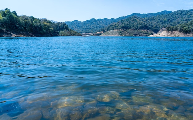 A lake in the mountains with a blue sky and the Dhap reservoir lake in Kathmandu Nepal