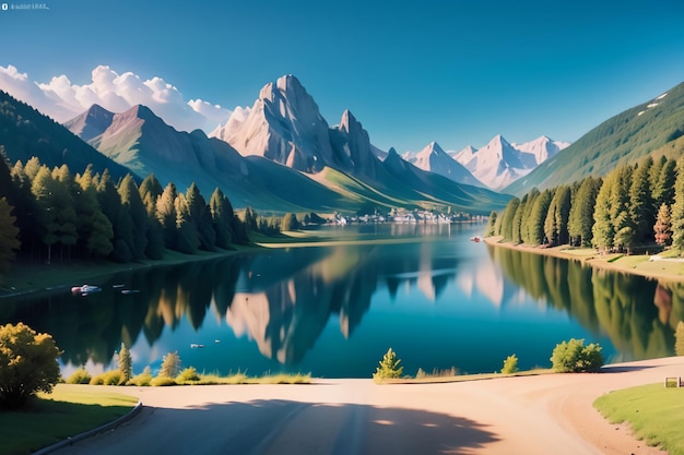 A lake in the mountains with a blue sky and a mountain in the background.