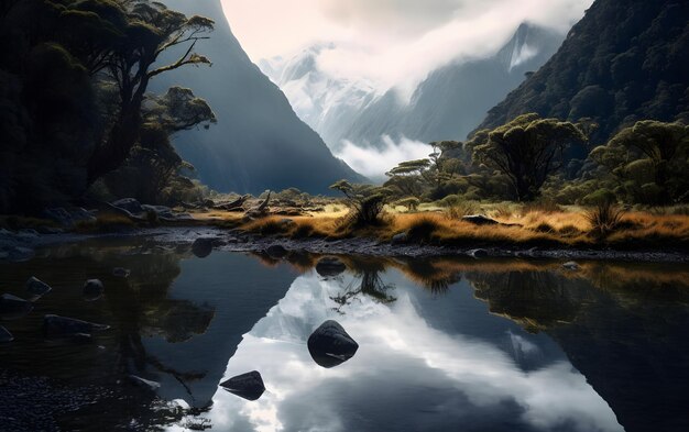 A lake in the mountains with a cloudy sky above it