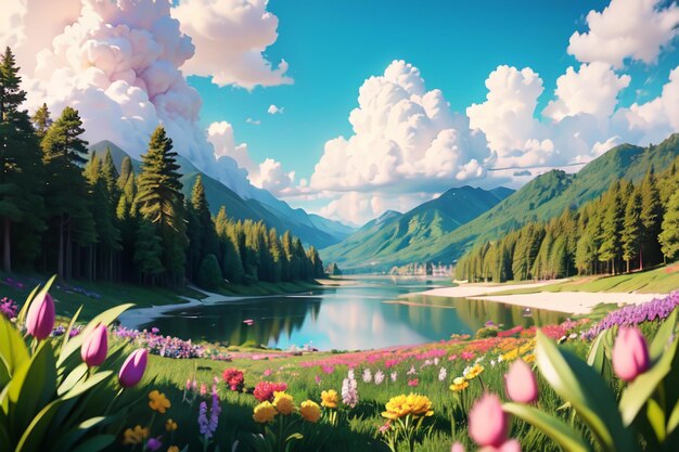 A lake in the mountains with a field of flowers