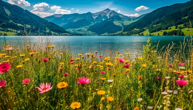 前景に花がある山の中の湖