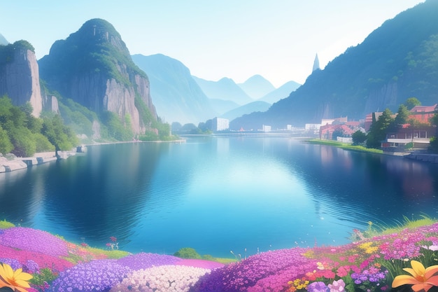 A lake in the mountains with flowers and a mountain in the background