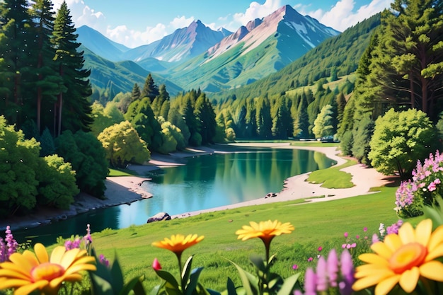 A lake in the mountains with flowers
