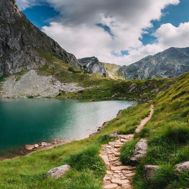 lake in the mountains with green grass and rocky path