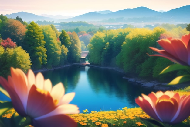 A lake in the mountains with a lake and flowers