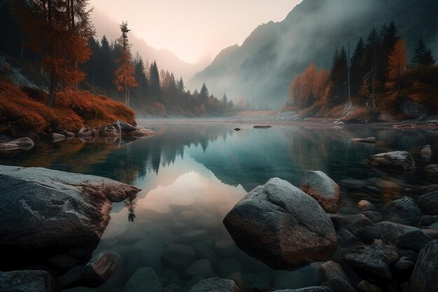 A lake in the mountains with a mountain in the background