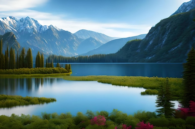 Озеро в горах на фоне горы