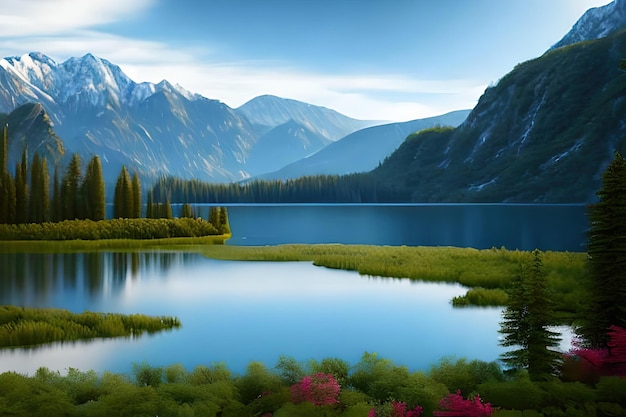 A lake in the mountains with a mountain in the background