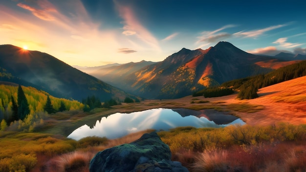 A lake in the mountains with a mountain in the background