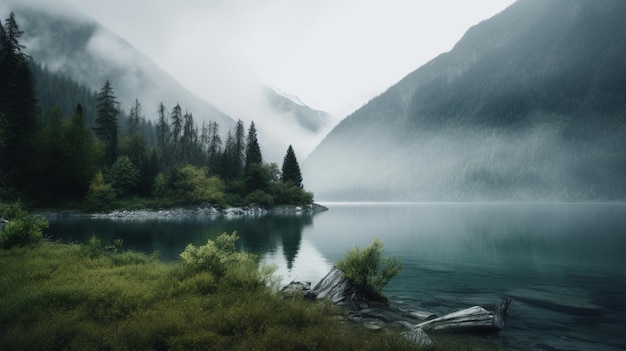 A lake in the mountains with a mountain in the background