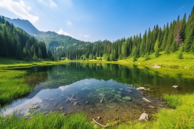 A lake in the mountains with a mountain in the background