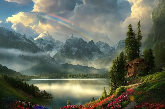 Lake in the mountains with rainbow