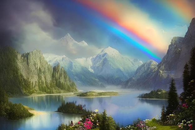 Lake in the mountains with rainbow