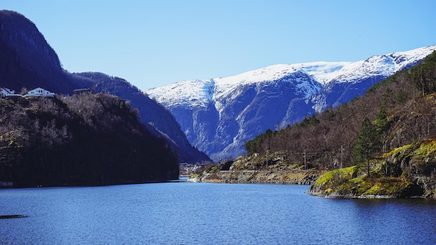 A lake in the mountains with snow on the mountains in the background