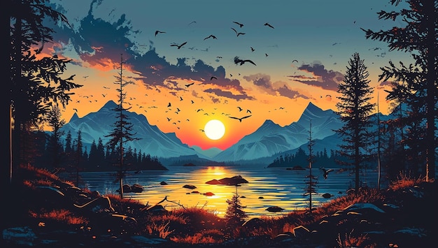 a lake and mountains with the sun setting behind it in the style of clear and precise bird art