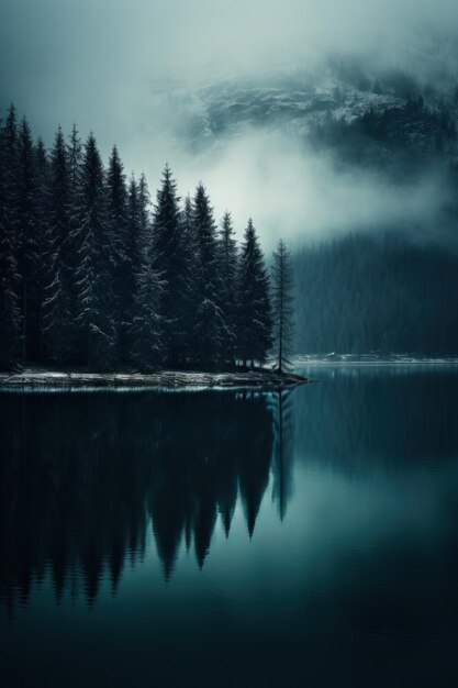 a lake in the mountains with trees in the background