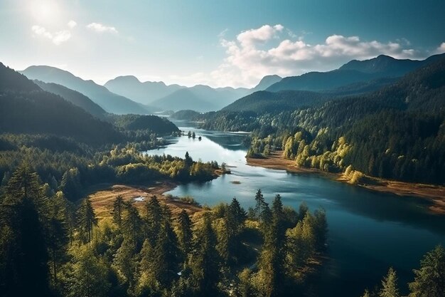 木々や山を背景にした山の中の湖。