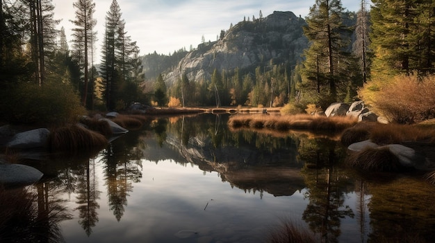 A lake in the mountains with trees and mountains in the background