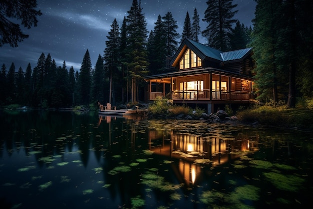 Озеро ночью с домом и огнями