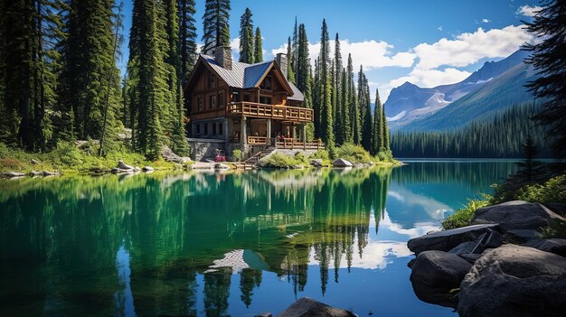 Lake o'hara in het Yoho National Park met waterfront carbin Generative Ai