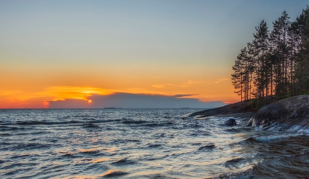 Lake Onega In Karelia in northern Russia at sunset