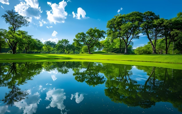 Lake in the park with blue sky and white clouds natural background